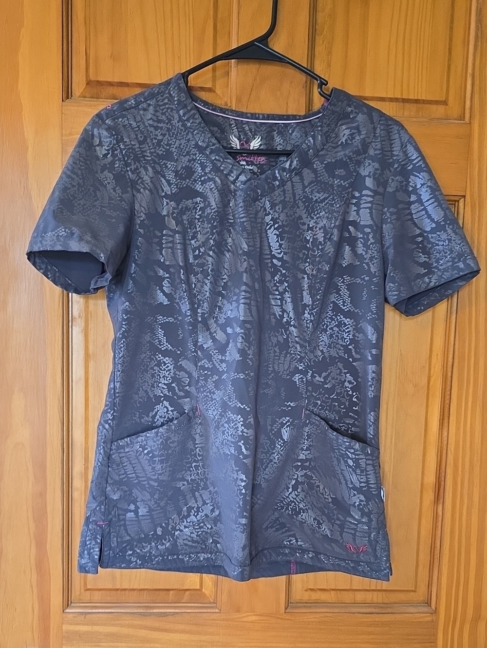 Smitten Short Sleeve V-Neck Scrub Top in Charcoal Gray with Subtle Pattern